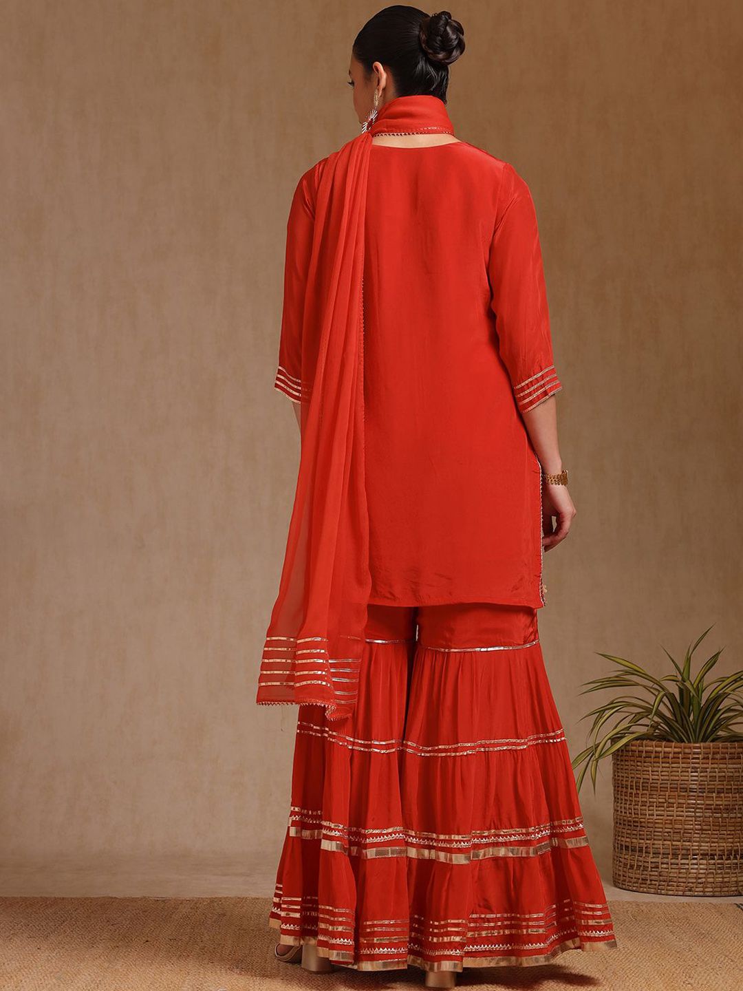 Dhiyona SO Women's Women Floral Regular Mirror Work Silk Crepe Kurta with Sharara & With Dupatta