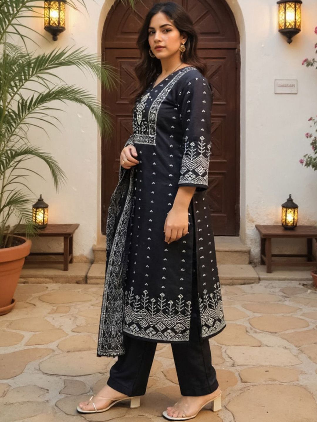 Floral Printed V-Neck Pure Cotton Straight Kurta With Trousers & Dupatta