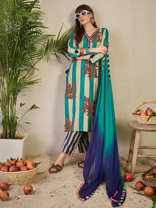 Women Floral Printed Regular Pure Cotton Kurta with Trousers & Dupatta