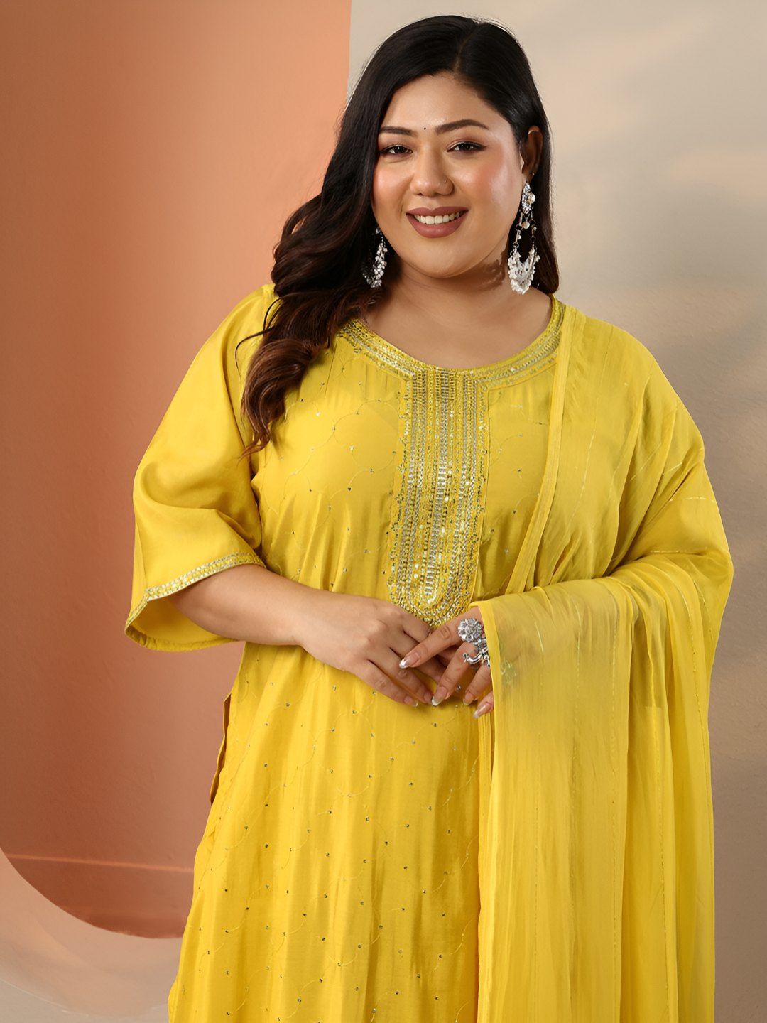 Dhiyona Women's Plus Size Ethnic Motifs Embroidered Kurta with Patiala & Dupatta