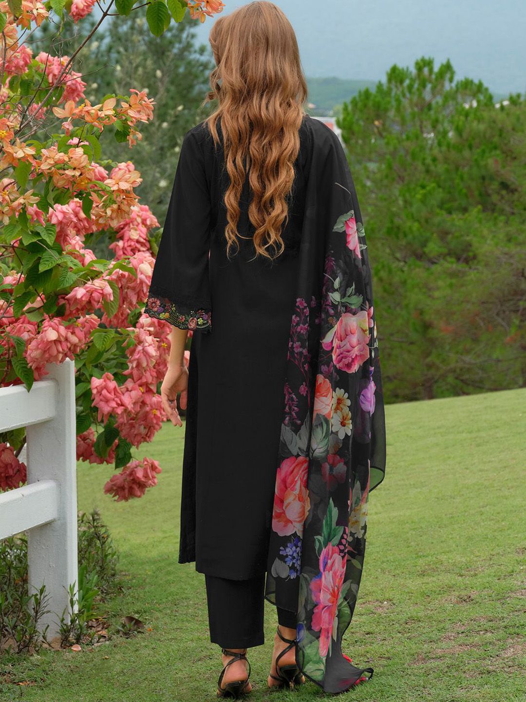 Floral Embroidered V-Neck Liva A-Line Kurta With Trousers & Dupatta