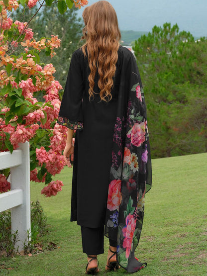 Floral Embroidered V-Neck Liva A-Line Kurta With Trousers & Dupatta