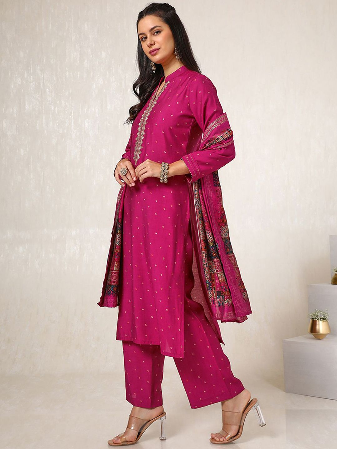 Dhiyona SO Women's Geometric Printed Straight Kurta with Palazzos & Dupatta