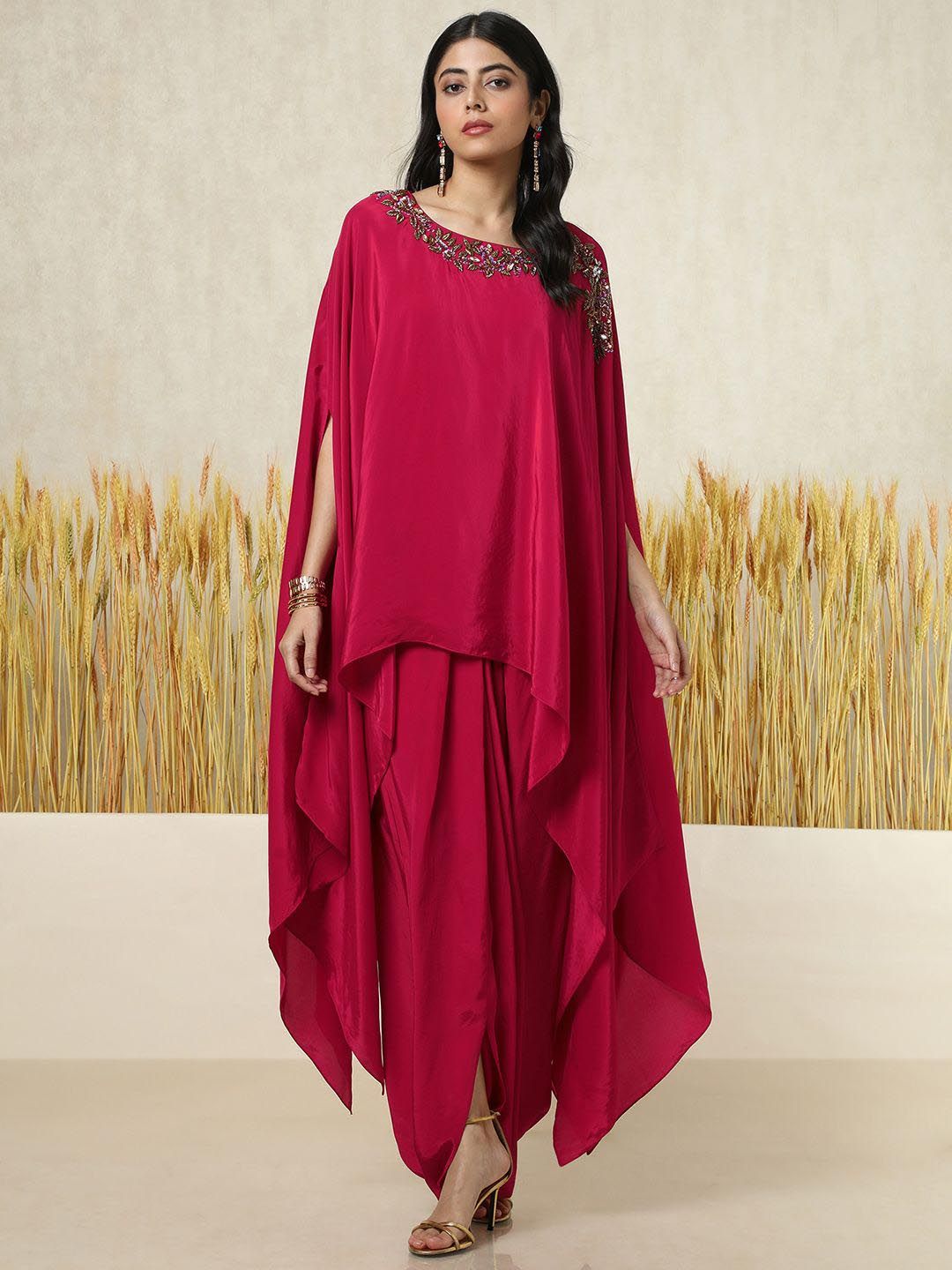 Dhiyona SO Women's Floral Yoke Design Layered Beads and Stones Top With Dhoti Pants & Inner