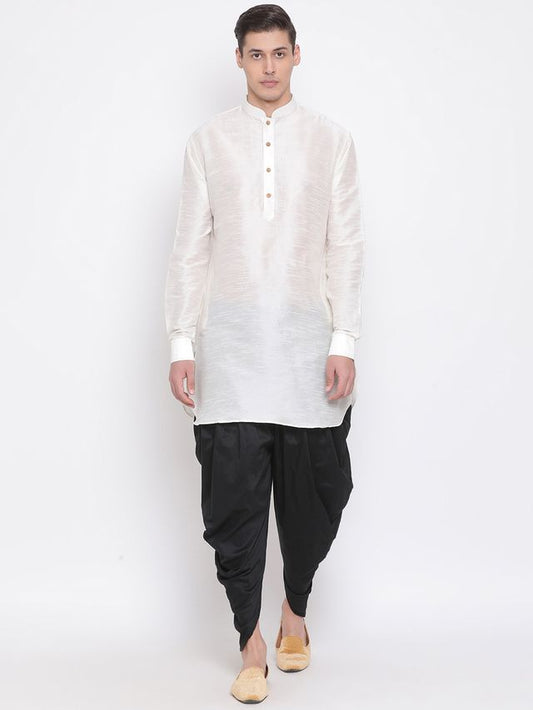 Men's Cream Silk Blend Pathani Kurta and Dhoti Set