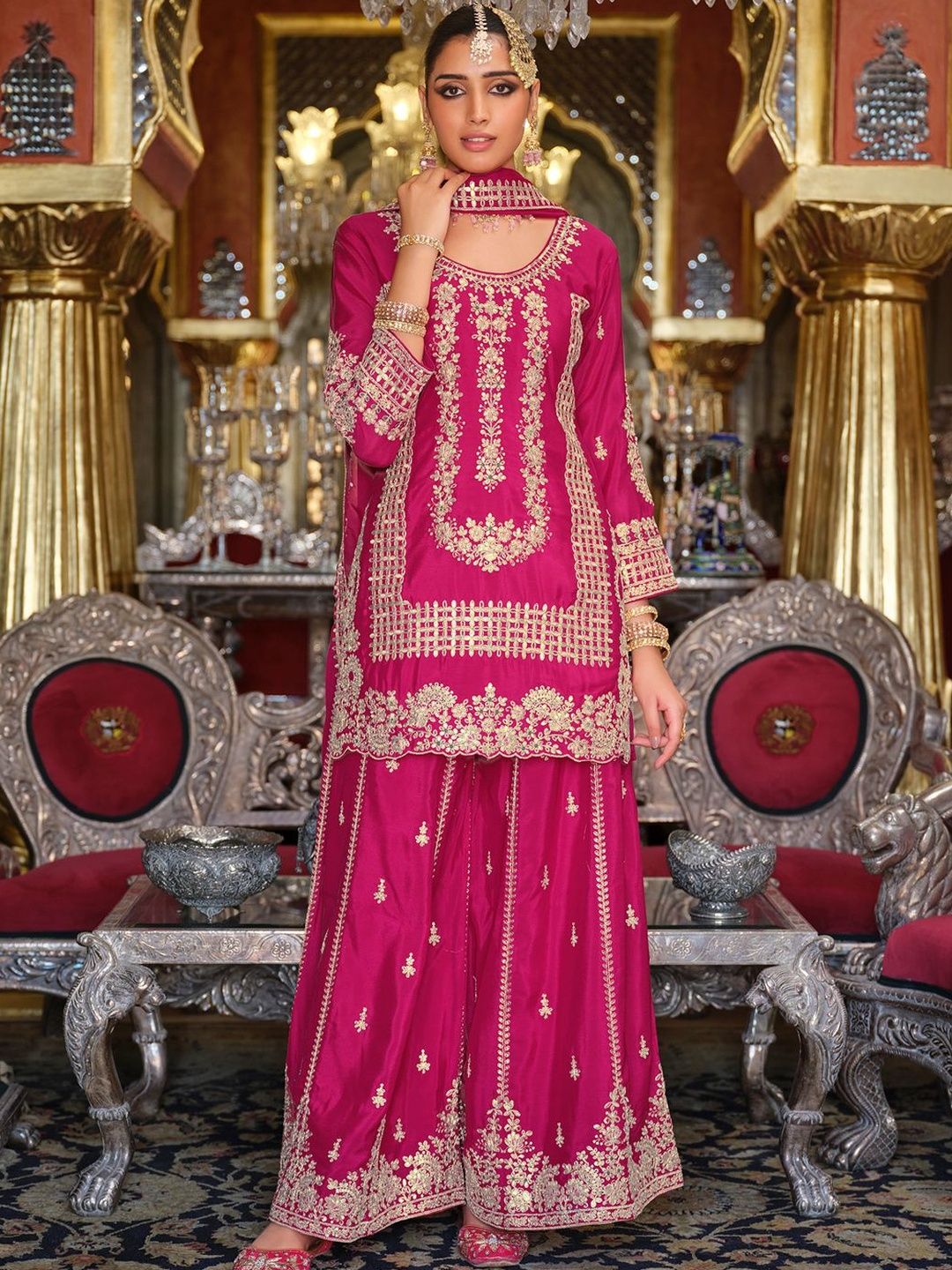 Dhiyona IE Women Ethnic Motifs Embroidered Thread Work Kurta with Sharara & Dupatta