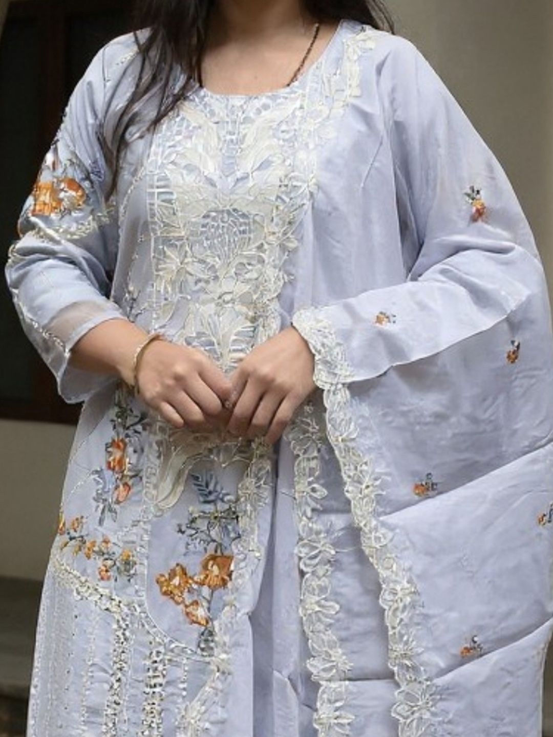 Floral Embroidered Thread Work Pure Cotton Kurta With Trousers & Dupatta