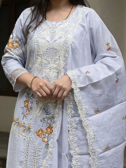 Floral Embroidered Thread Work Pure Cotton Kurta With Trousers & Dupatta