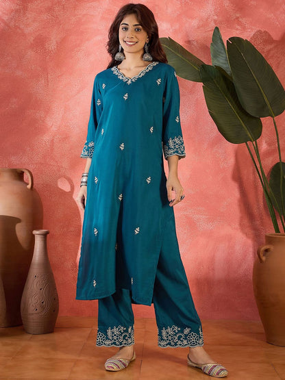Dhiyona SN Women's Floral Embroidered Thread Work Straight Kurta With Trousers & Dupatta