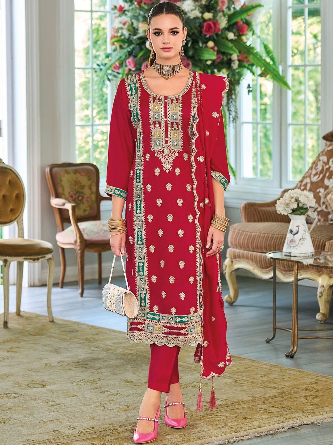 Ethnic Motifs Embroidered Sequinned Kurta with Trousers & With Dupatta
