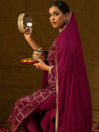 Dhiyona IE Floral Embroidered Jacquard Straight Kurta With Trousers & Dupatta