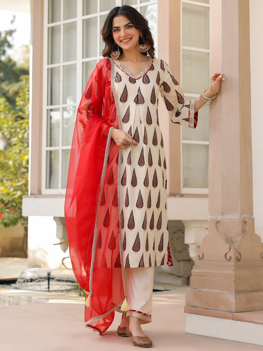 Dhiyona RR Women's Ethnic Motifs Printed Regular Beads and Stones Kurta with Trousers & With Dupatta