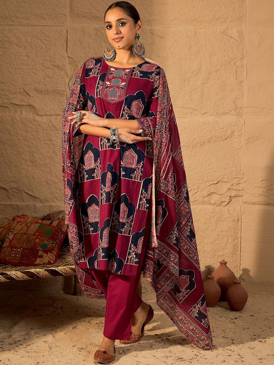 Women Ethnic Motifs Printed Regular Pure Cotton Kurta with Trousers & With Dupatta