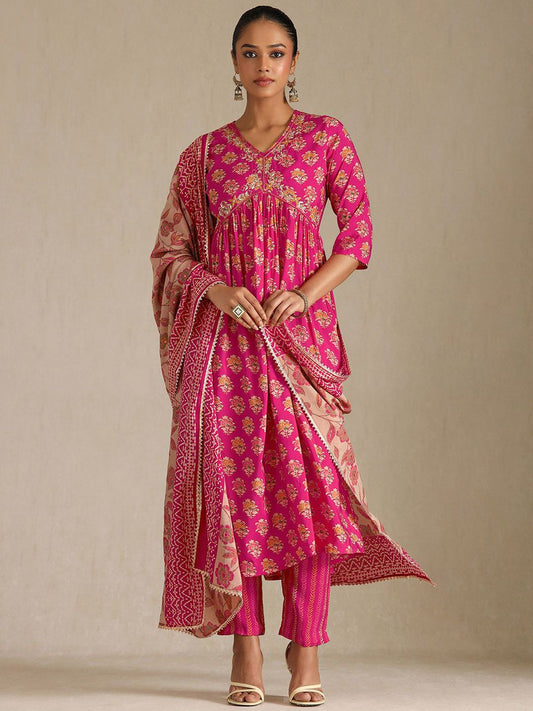 Dhiyona SO Women's Floral Printed V-Neck Zardozi Empire Anarkali Kurta With Trousers & Dupatta