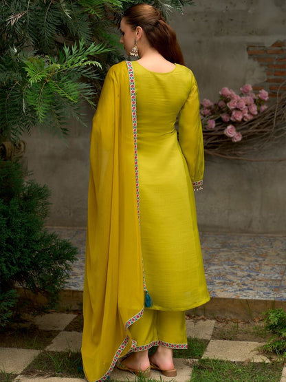 Floral Embroidered A-Line Round Neck Beads & Stones Kurta With Trousers & Dupatta
