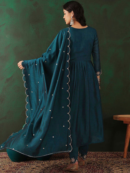 Dhiyona SN Women's Teal Floral Embroidered V-Neck Tread Work Anarkali Kurta & Trouser With Dupatta
