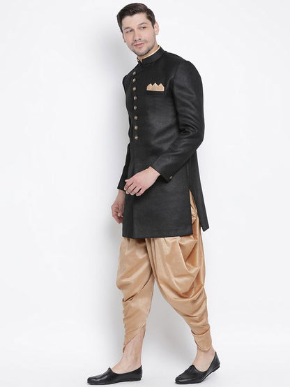 Men's Black Polyester Lurex Blend Straight Sherwani Set