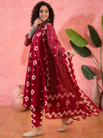 Dhiyona SN Women's Geometric Printed V-Neck Pleated Pure Cotton A-Line Kurta With Trouser And Dupatta