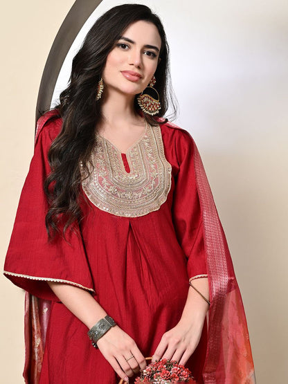 Dhiyona SN Women's Floral Yoke Design Pleated Sequinned A-Line Kurta With Dhoti Pants & Dupatta