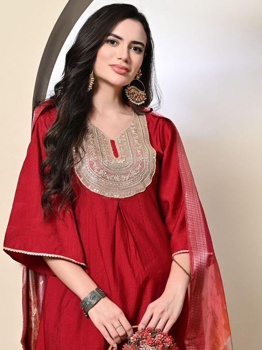 Dhiyona SN Women's Floral Yoke Design Pleated Sequinned A-Line Kurta With Dhoti Pants & Dupatta