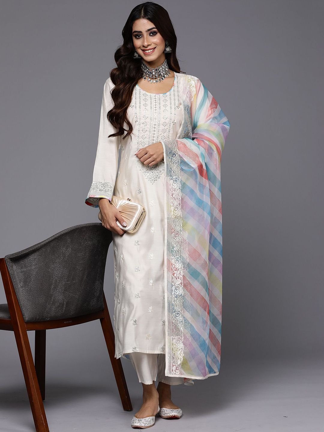 Cream-Coloured Embroidered Sequined Cotton Zari Kurta With Trousers & Dupatta