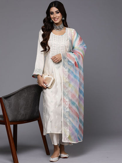 Cream-Coloured Embroidered Sequined Cotton Zari Kurta With Trousers & Dupatta