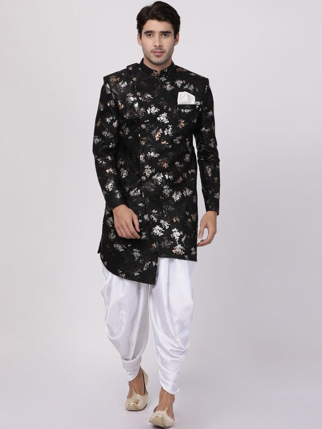 Men's Black Polyester Lurex Blend Asymmetric Sherwani Set