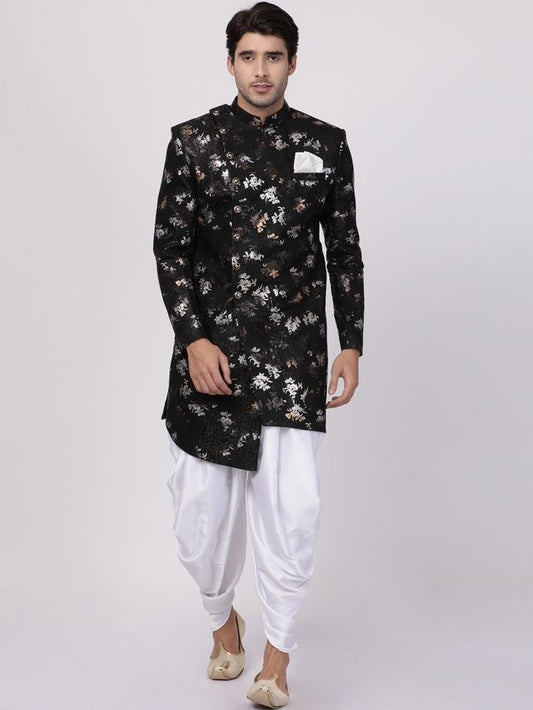 Men's Black Polyester Lurex Blend Asymmetric Sherwani Set