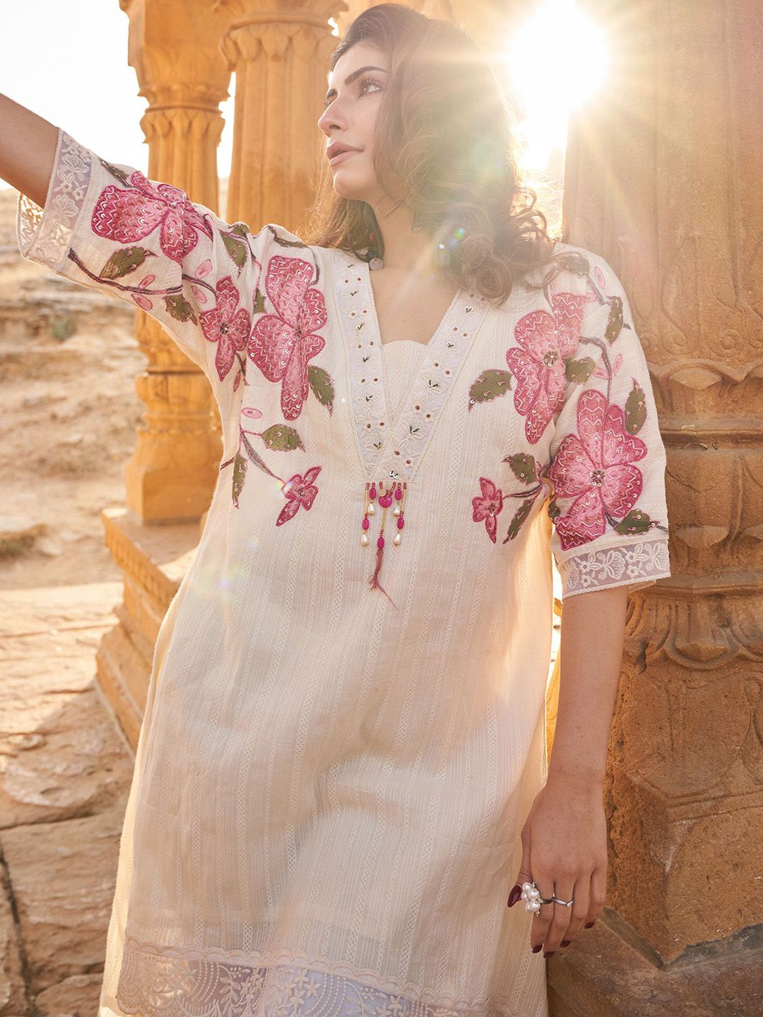 Floral Embroidered Beads And Stones V-Neck A-Line Pure Cotton Kurta With Trousers