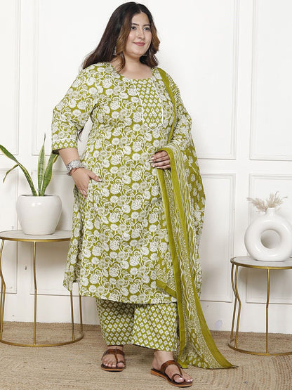 Dhiyona KL Women Floral Printed Regular Sequinned Pure Cotton Kurta with Trousers & With Dupatta