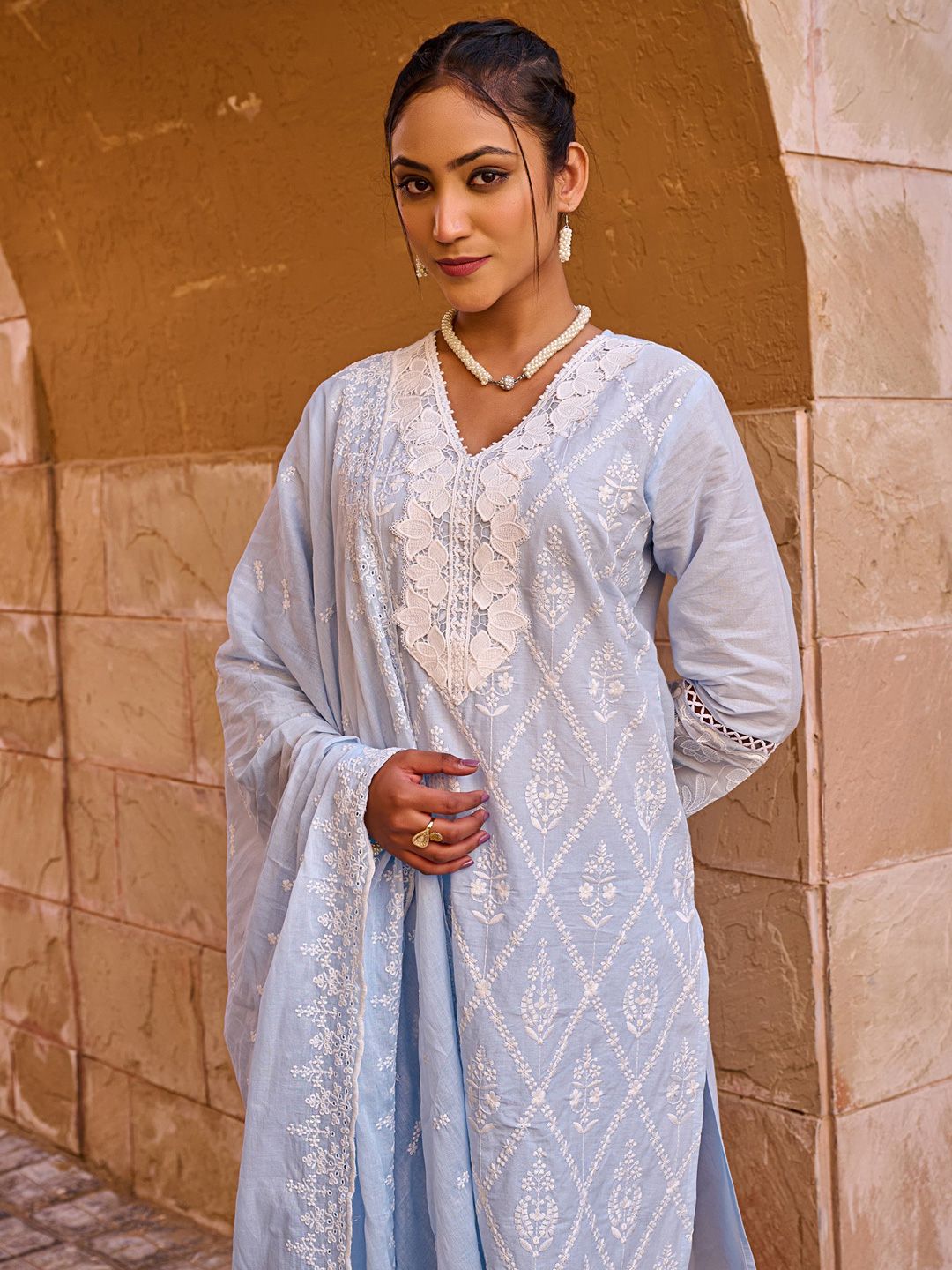 Women Ethnic Motifs Embroidered Cotton Kurta with Trousers & Dupatta