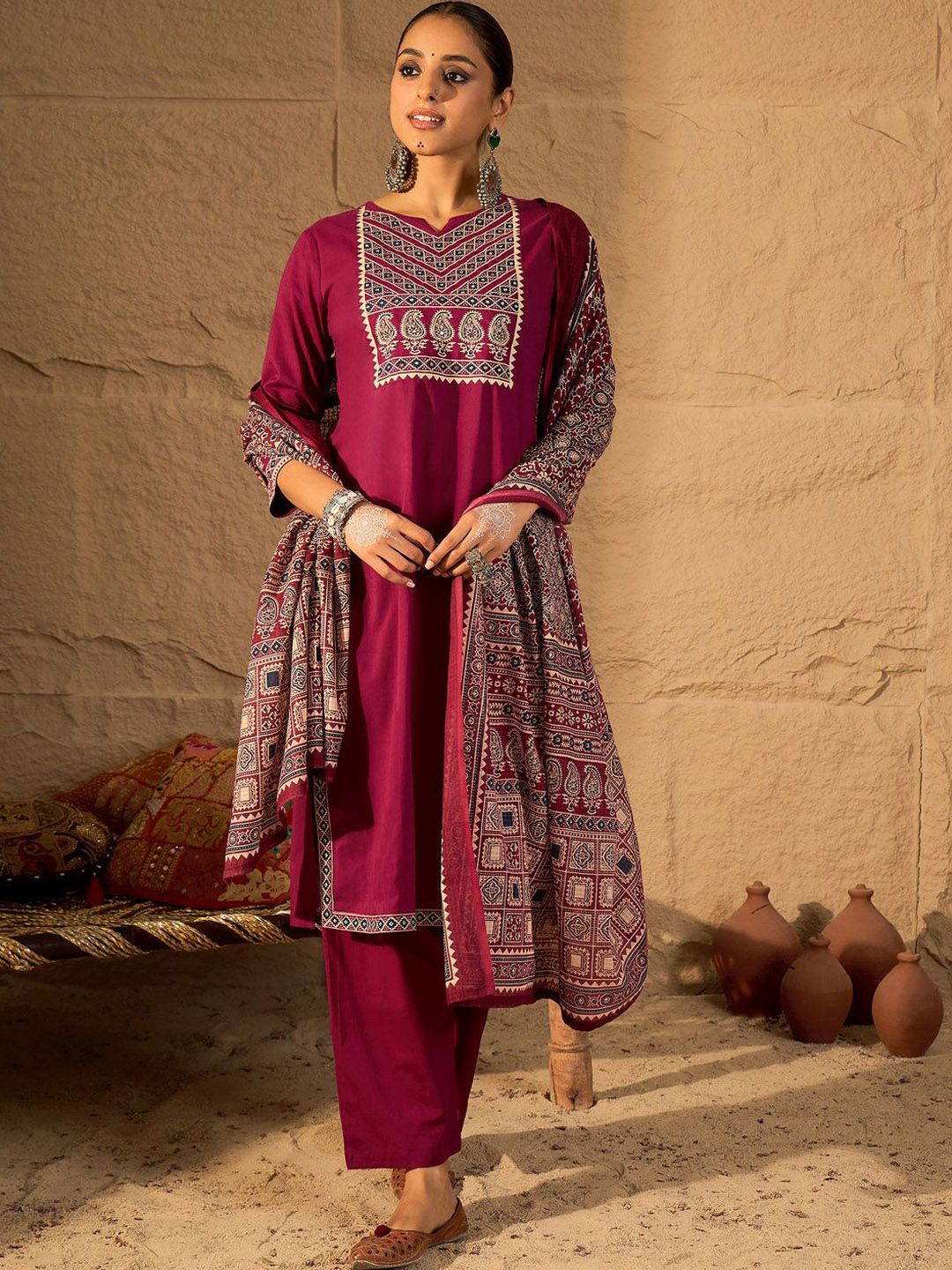 Yoke Design Printed Notch-Neck Cotton Straight Kurta With Trousers And Dupatta