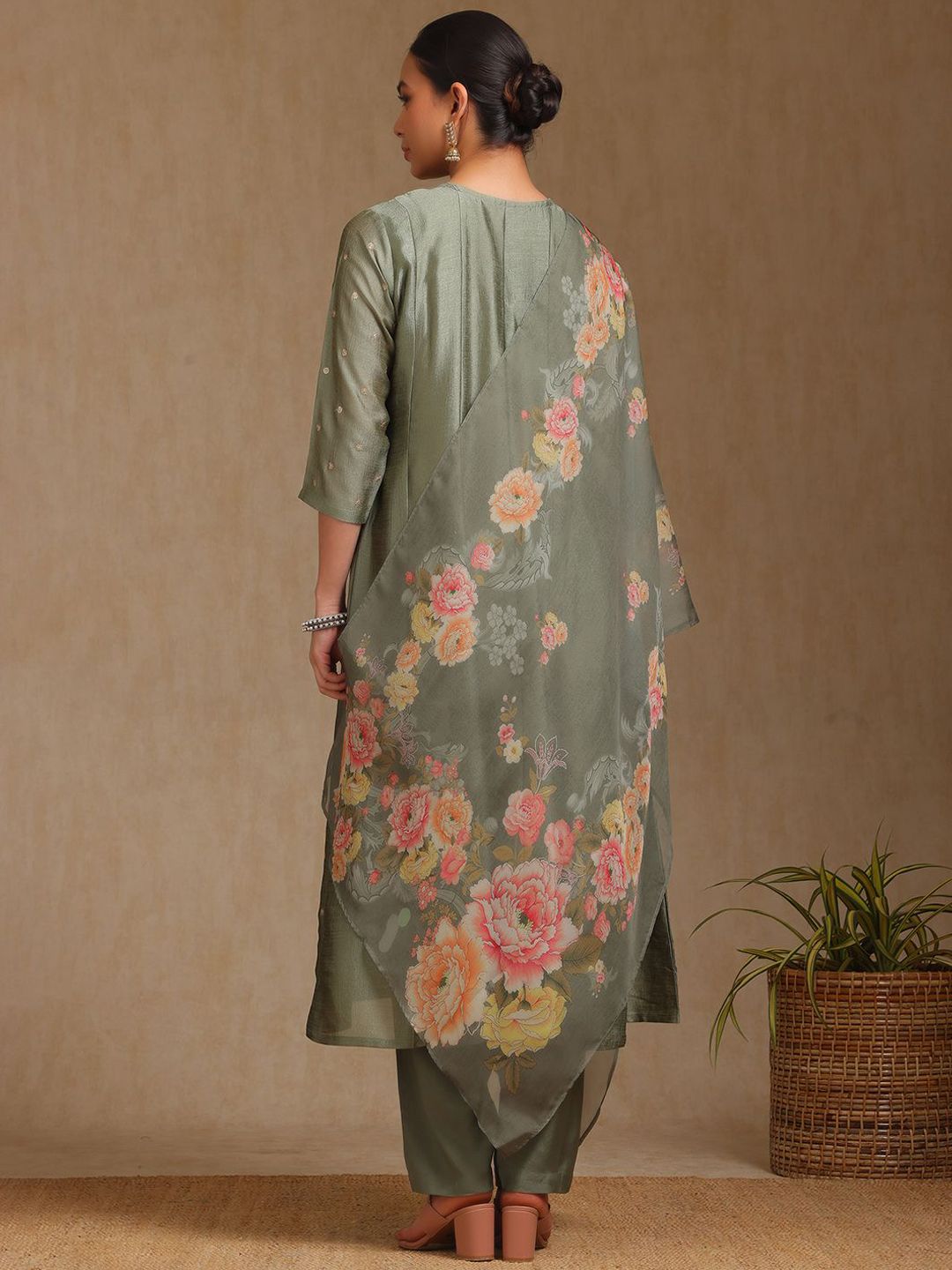Dhiyona SO Women's Floral Embroidered Notch Neck Sequinned A-Line Kurta With Trousers & Dupatta