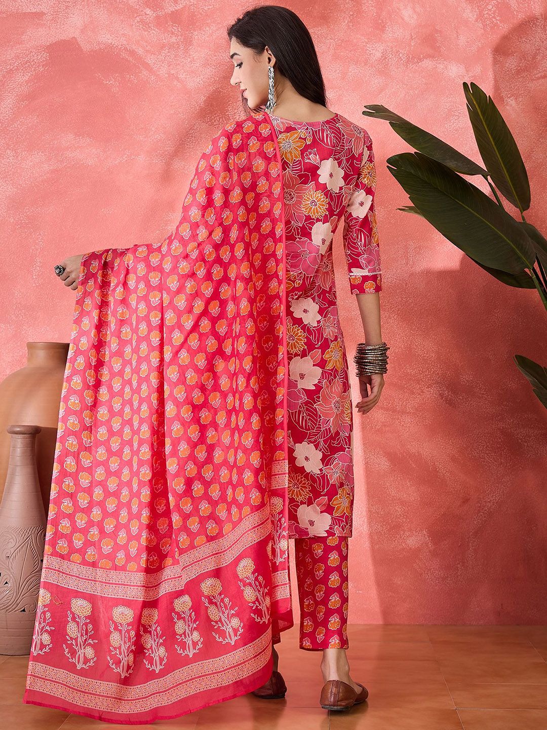 Dhiyona SN Women's Floral Printed Notch Neck Pure Cotton Straight Kurta With Trouser & Dupatta