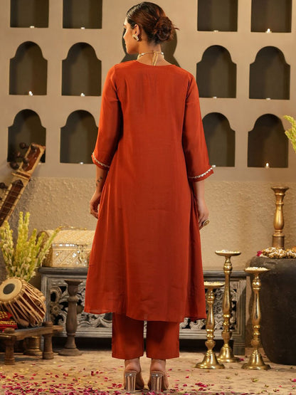 Floral Yoke Design V Neck Zari Chanderi Silk A-Line Kurta & Trousers