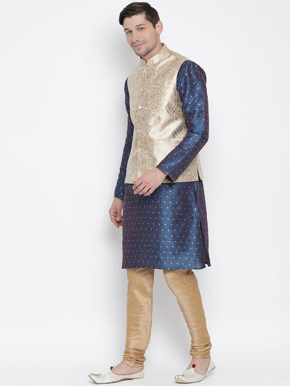 Men's Blue Silk Blend Straight Jacket  Kurta and Pyjama Set