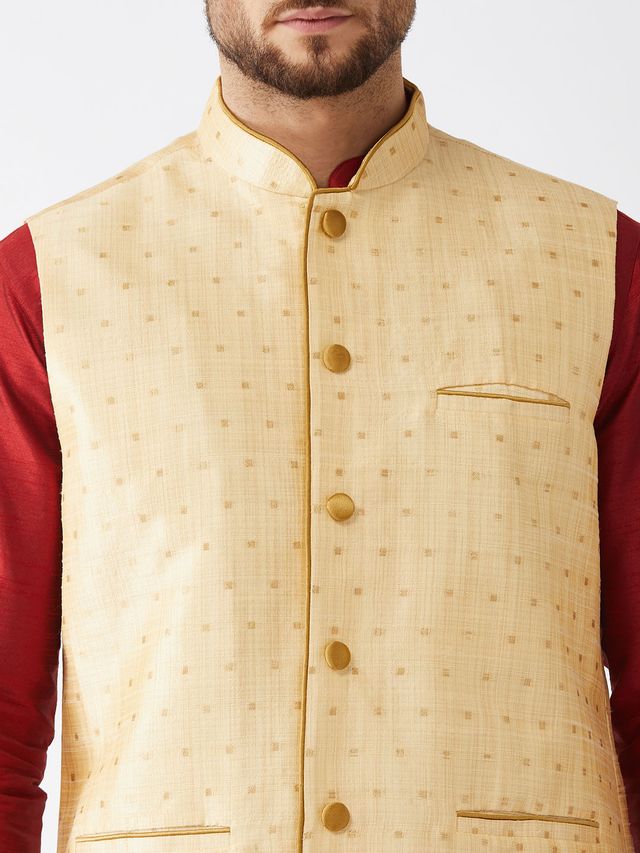 Men's Maroon Silk Blend Straight Jacket  Kurta and Dhoti Set