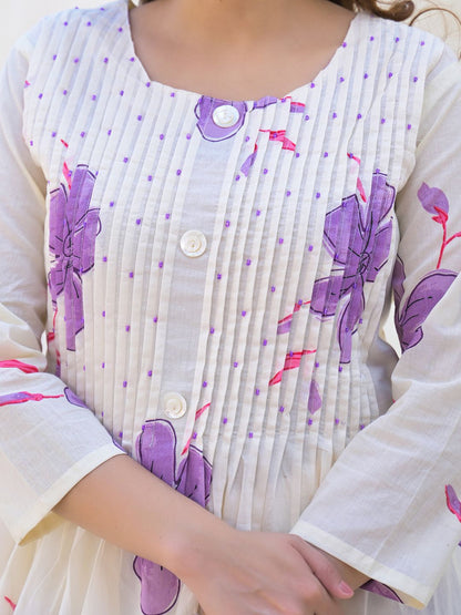 Floral Printed Round Neck Pleated Pure Cotton A-Line Kurta With Palazzos