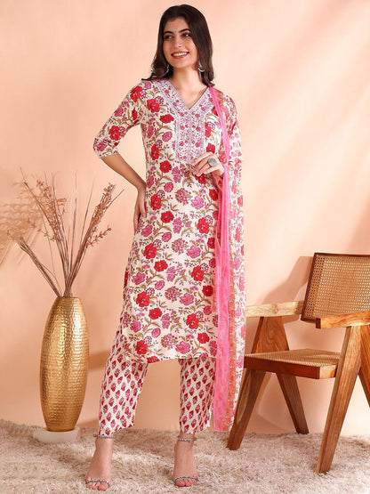 Dhiyona OD  Floral Printed Pure Cotton Straight Kurta with Trousers & Dupatta