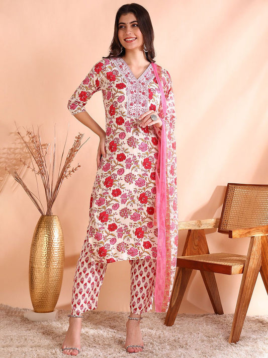 Dhiyona OD  Floral Printed Pure Cotton Straight Kurta with Trousers & Dupatta