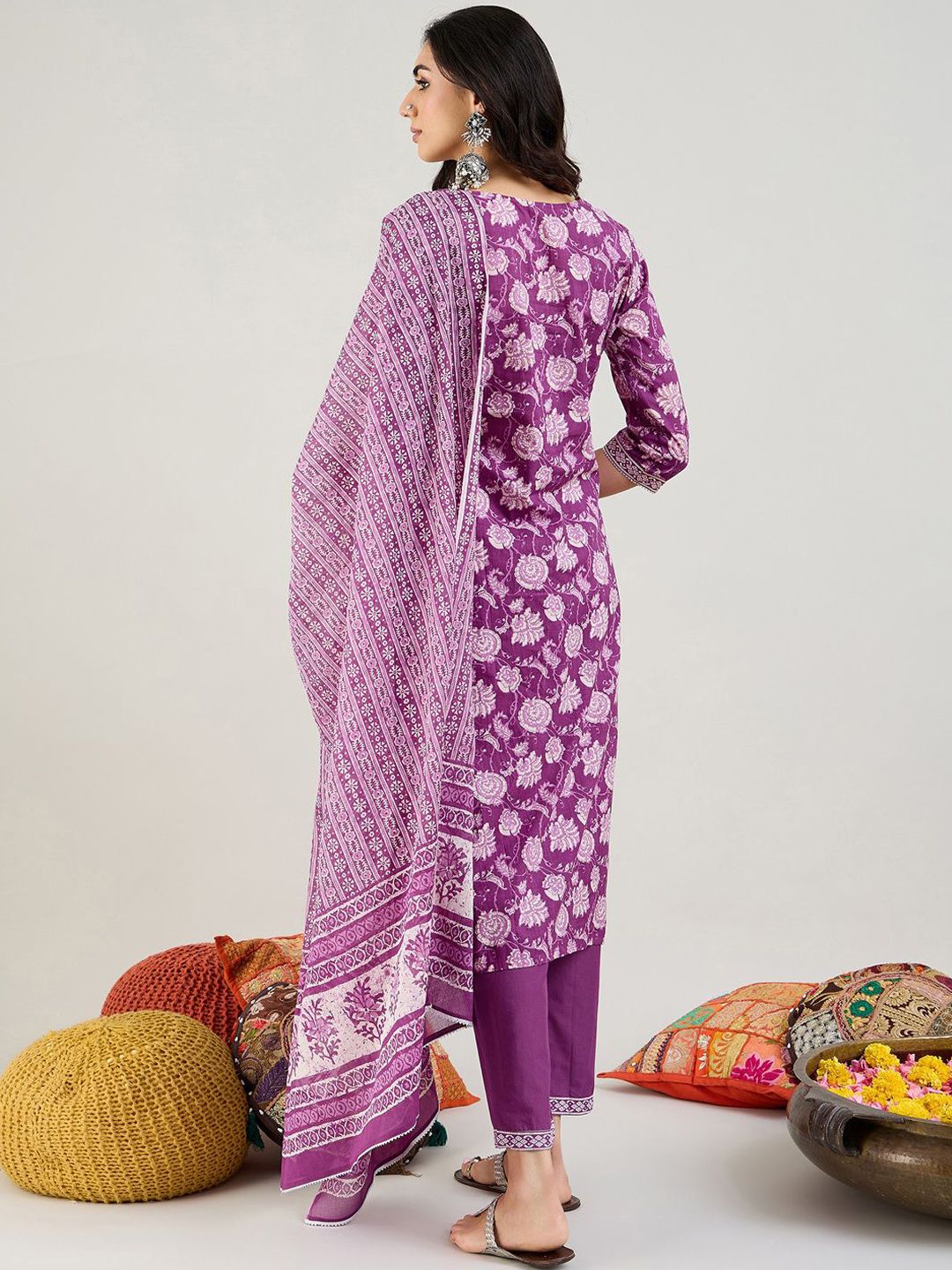 Dhiyona IE Purple Floral Printed Mirror Work Pure Cotton Kurta with Trousers & Dupatta