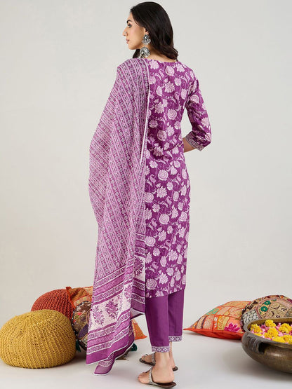 Dhiyona IE Purple Floral Printed Mirror Work Pure Cotton Kurta with Trousers & Dupatta