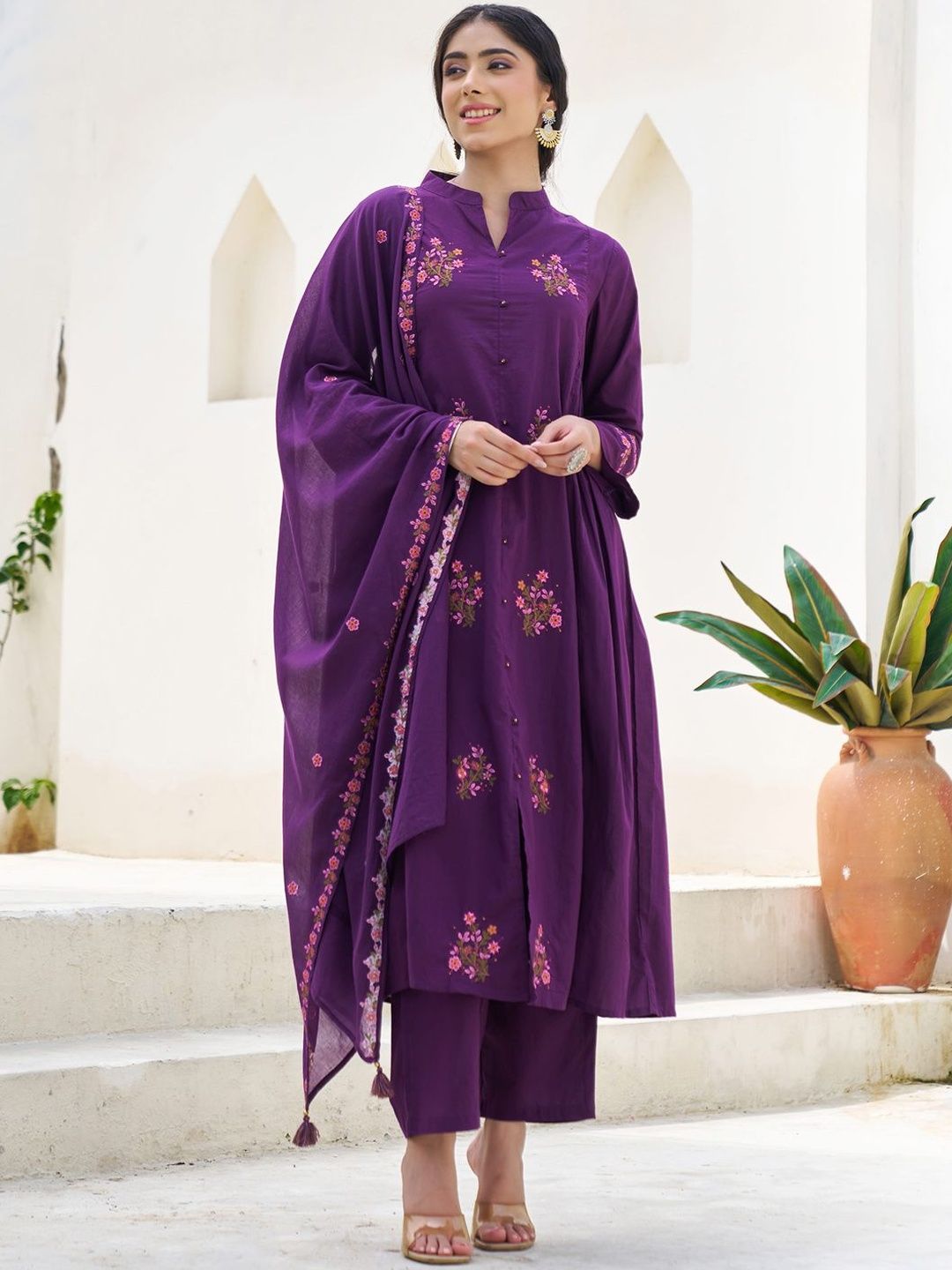 Floral Embroidered Thread Work Pure Cotton A-Line Kurta With Trousers & Dupatta