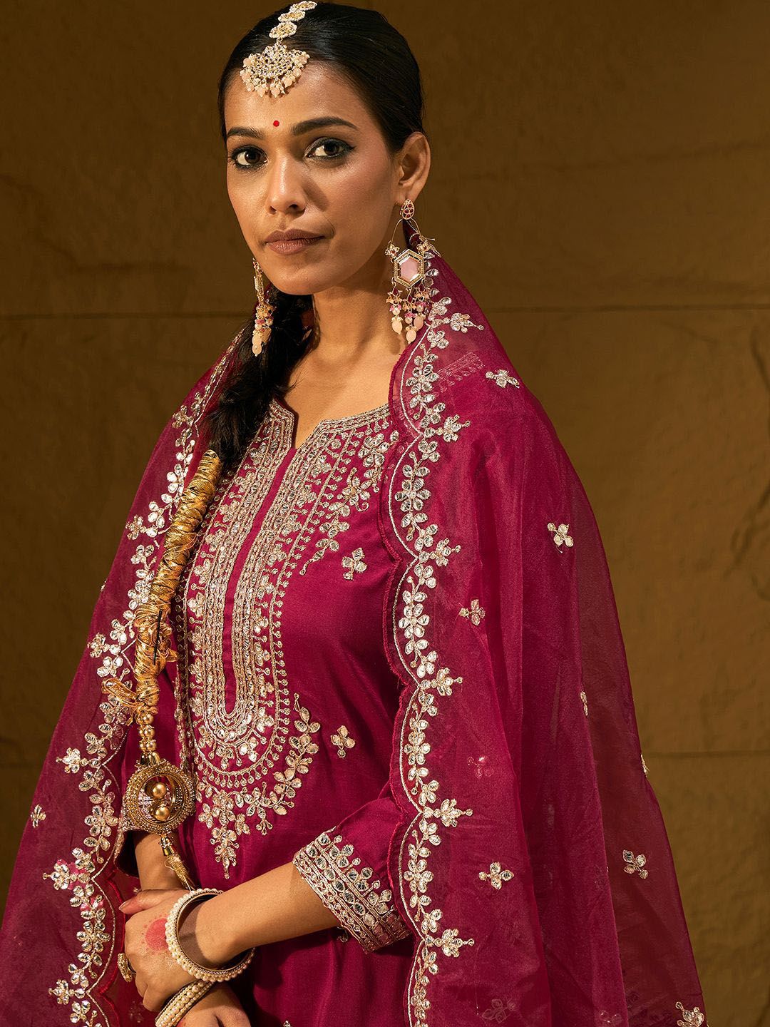 Dhiyona IE Ethnic Motifs Embroidered Gotta Patti Straight Kurta With Trousers & Dupatta