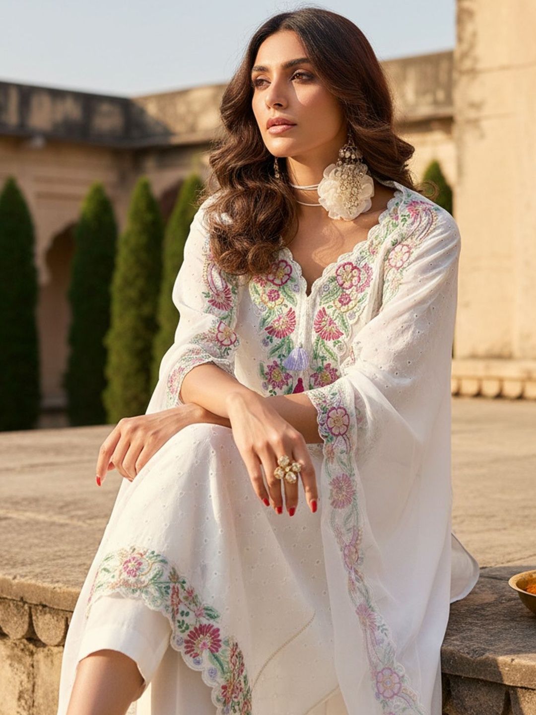 Floral Embroidered Thread Work Pure Cotton Straight Kurta With Trousers & Dupatta
