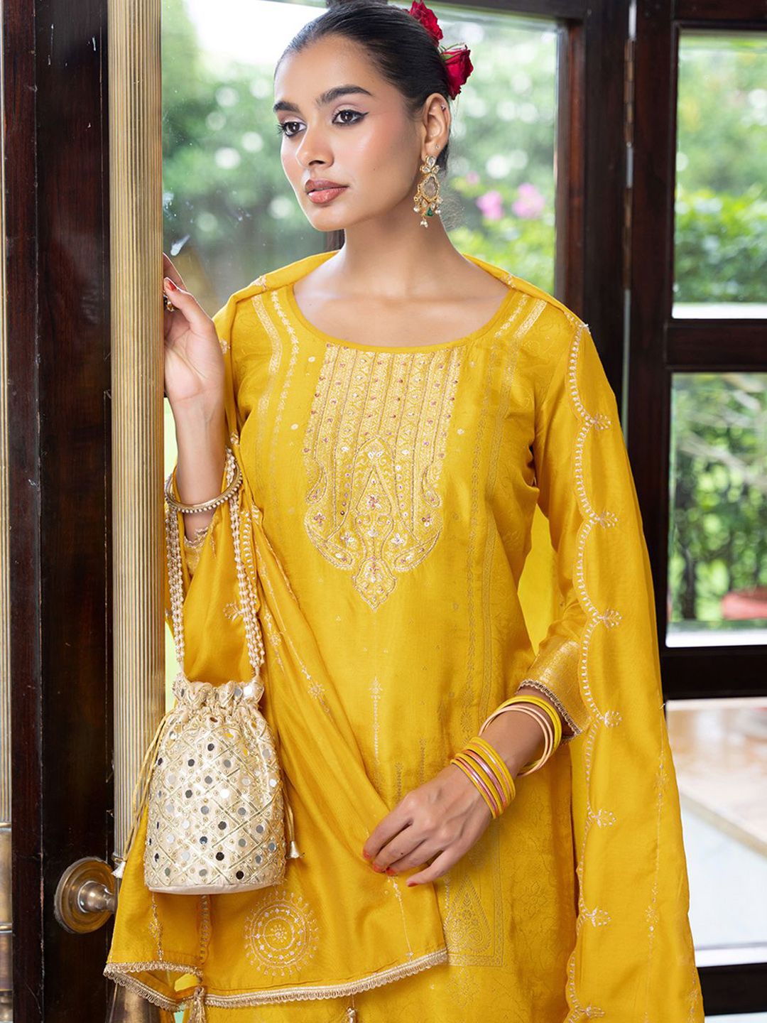 Dhiyona CH Women Ethnic Motifs Embroidered Regular Thread Work Kurta with Palazzos & Dupatta
