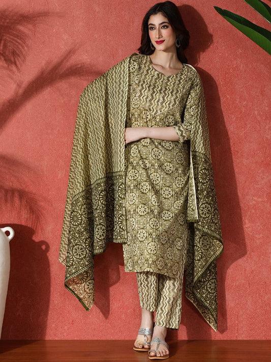 Dhiyona SN Women's Printed Pure Cotton Kurta & Trouser With Dupatta