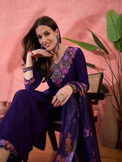 Dhiyona SN Women's Purple Floral Embroidered V-Neck Sequinned Straight Kurta With Trousers & Dupatta