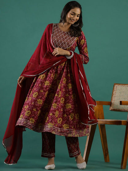 Dhiyona SN Women's Floral Printed Gotta Patti Pure Cotton Anarkali Kurta & Trousers With Dupatta