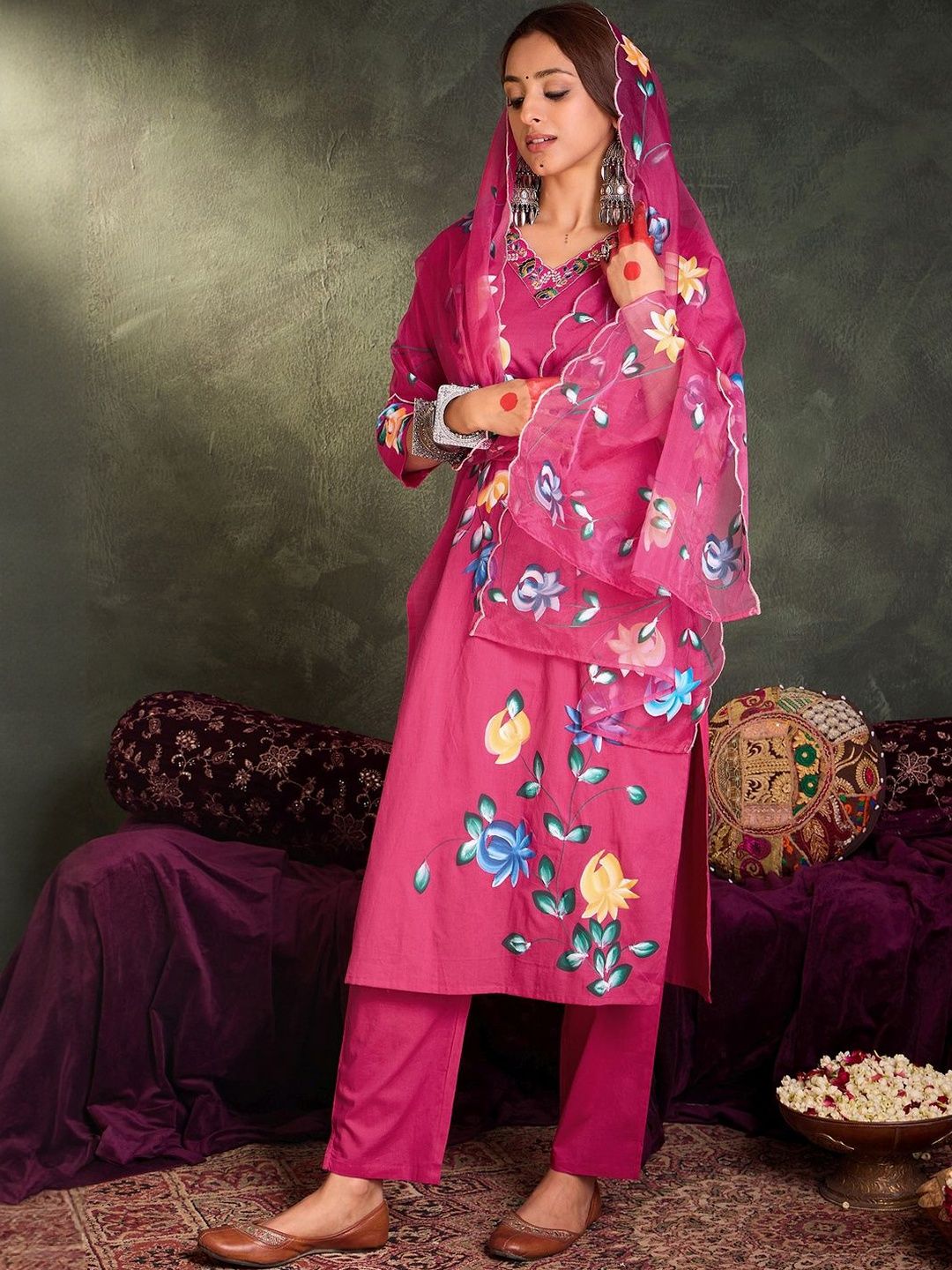 Women Floral Printed Cotton A-Line Kurta with Trousers & Dupatta